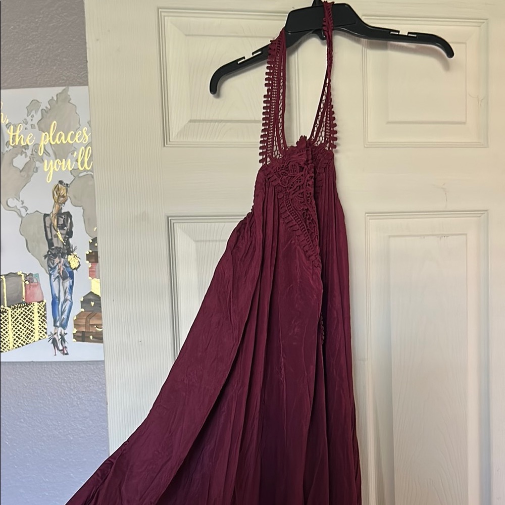 Elegant Burgundy Halter Dress very long can fit up has elastic , flowy ,long